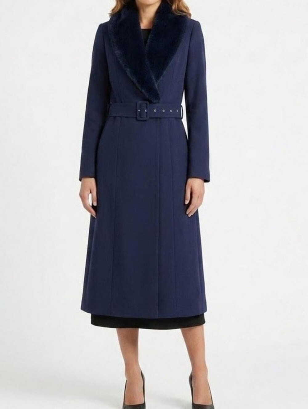naked wardrobe Navy Faux Fur Collar Belted Trench Coat Sz S New